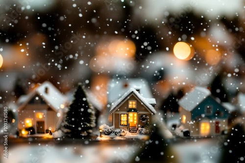 Cozy winter village with snow-covered houses and warm lights at dusk