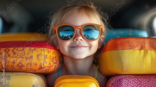 Cute girl with sunglasses smiling inside car trunk, surrounded by colorful suitcases, ready for family road trip, cheerful mood, summer vacation, travel adventure