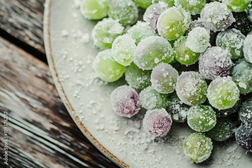 Frosted crunchy frozen grapes on a rustic plate, perfect for healthy snack ideas, refreshing dessert visuals, or food styling inspiration for lifestyle and wellness content