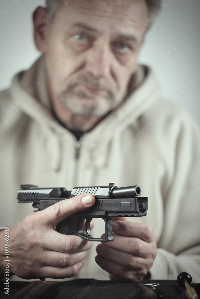 Man take care of semi automatic pistol handgun at home Man take care of semi automatic pistol handgun at home