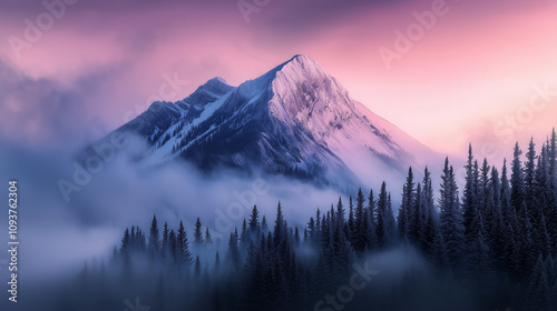 Snowy mountain landscape. Banff National Park’s Mount Rundle at dawn, with the first light of day