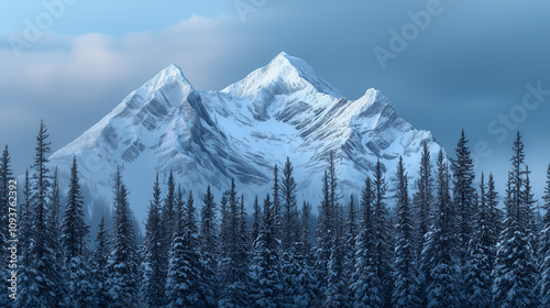 Snowy mountain landscape. Banff National Park’s Mount Rundle at dawn, with the first light of day photo