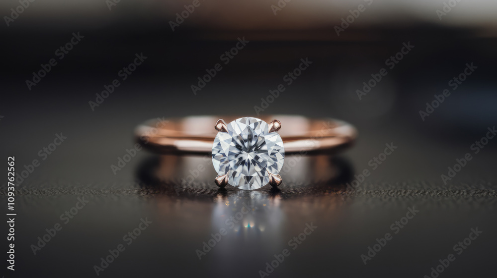 A diamond ring with a gold band sits on a dark surface. The ring is the center of attention and he is the most important object in the image A diamond ring with a gold band sits on a dark surface. The ring is the center of attention and he is the most important object in the image