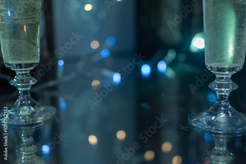 Сhampagne glasses close-up on blurred festive background with multicolored lights