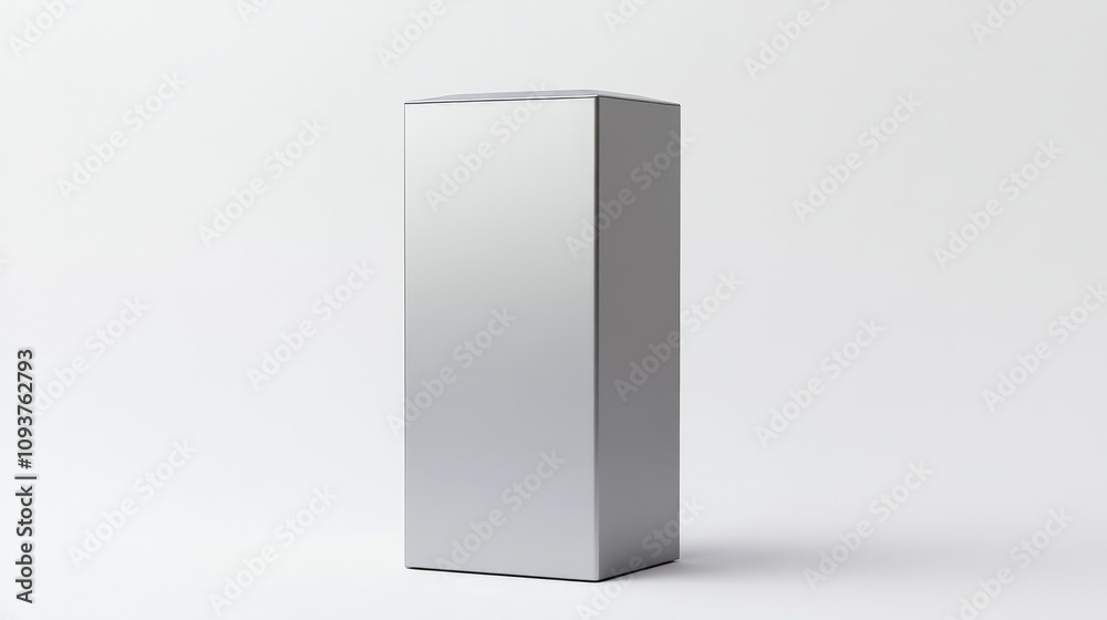 A tall rectangular metallic silver box, with sharp edges, standing upright on a white background A tall rectangular metallic silver box, with sharp edges, standing upright on a white background