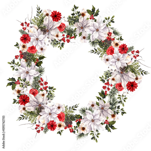 Watercolor hand draw Christmas wreath with white and red flowers, pine branch, berry, bow, isolated on white background