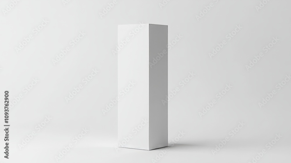 A tall rectangular white box with a glossy surface, standing upright on a smooth white surface A tall rectangular white box with a glossy surface, standing upright on a smooth white surface