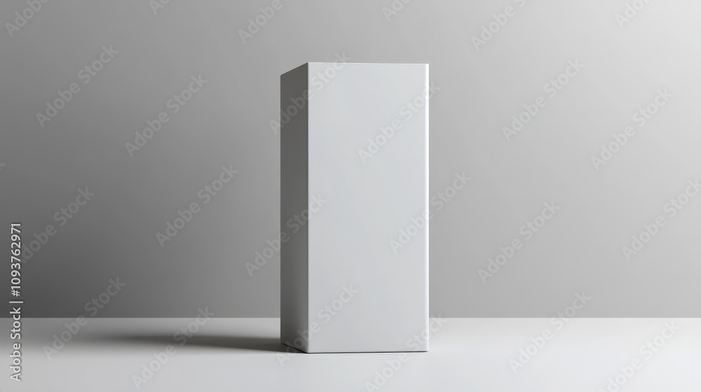 A tall rectangular white box with a glossy surface, standing upright on a smooth white surface