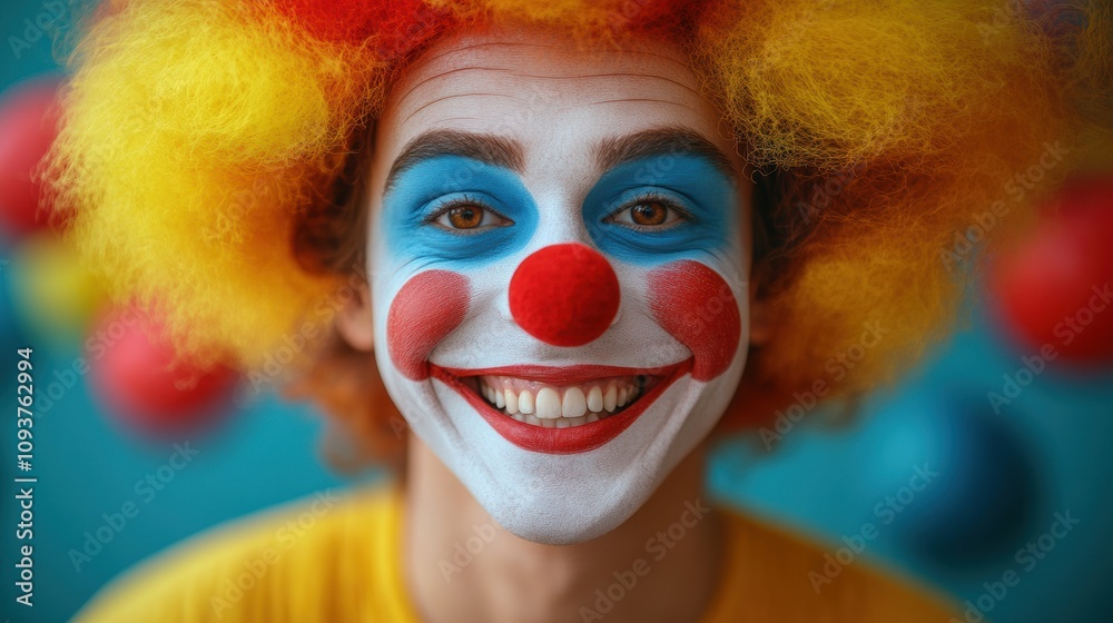 Colorful clown with painted face and big red nose, wearing a bright yellow wig, joyful expression, festive balloons in the background, playful circus vibe, happy atmosphere Colorful clown with painted face and big red nose, wearing a bright yellow wig, joyful expression, festive balloons in the background, playful circus vibe, happy atmosphere