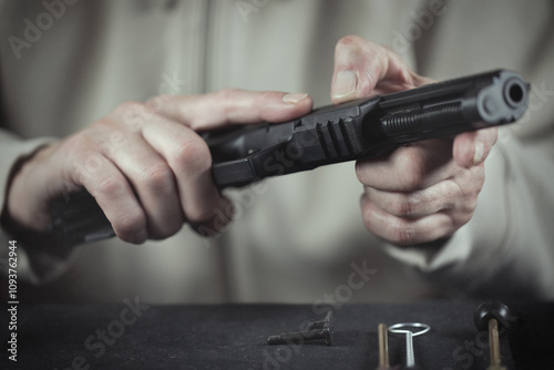 Man take care of semi automatic pistol handgun at home
