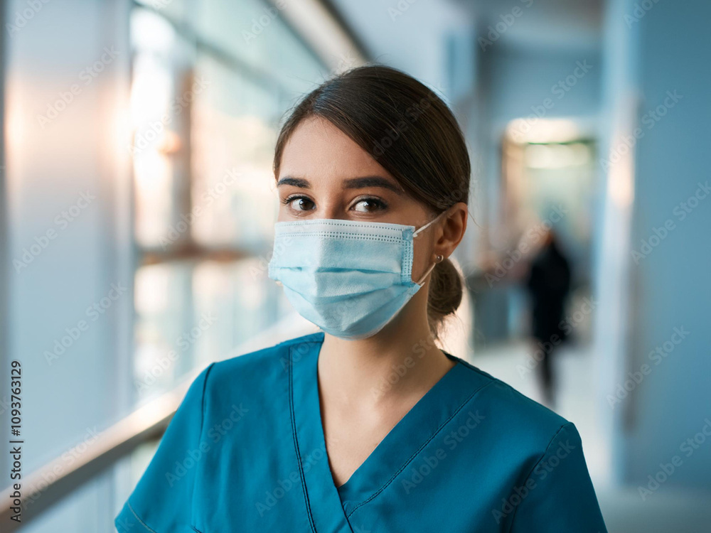 Medical banner with wearing face mask doctor in protective wear posing in the hospital Medical banner with wearing face mask doctor in protective wear posing in the hospital