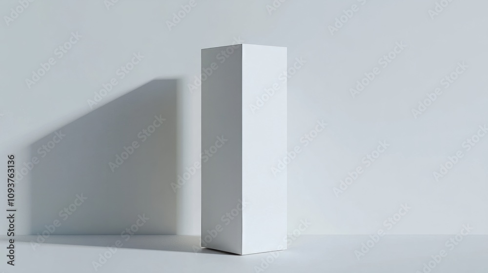A tall rectangular white box with a glossy surface, standing upright on a smooth white surface A tall rectangular white box with a glossy surface, standing upright on a smooth white surface