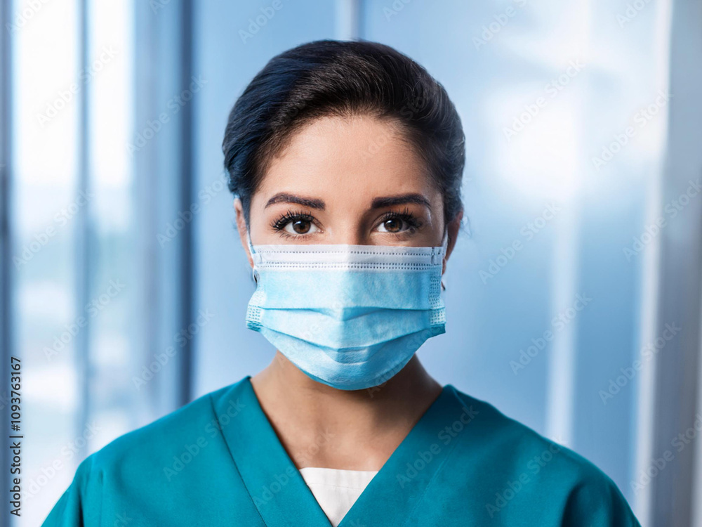 Medical banner with wearing face mask doctor in protective wear posing in the hospital Medical banner with wearing face mask doctor in protective wear posing in the hospital
