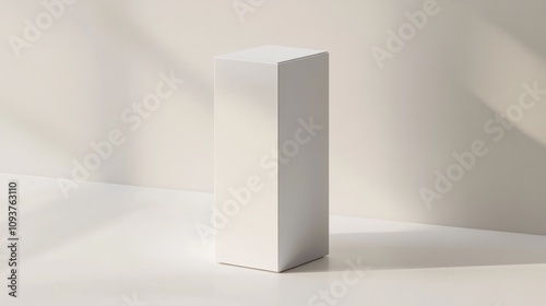 A tall rectangular white box with a glossy surface, standing upright on a smooth white surface