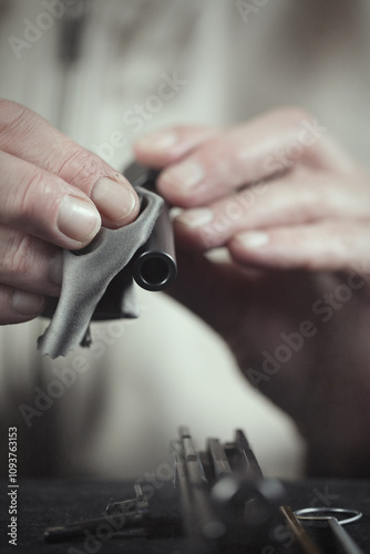 Man take care of semi automatic pistol handgun at home photo