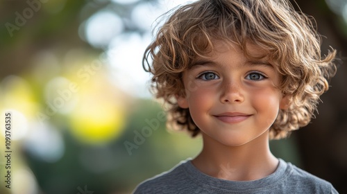 Adorable curly-haired boy outdoors in natural sunlight, beaming with joy, close-up portrait of cheerful childhood innocence, happy and carefree moments in nature