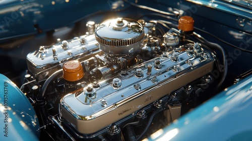 Gleaming chrome V8 engine in classic car. photo