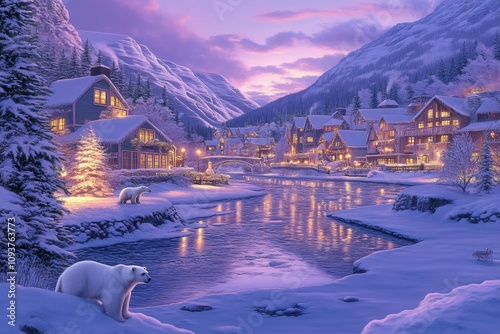 Enchanting snowy village at dusk with scenic river and polar bears photo