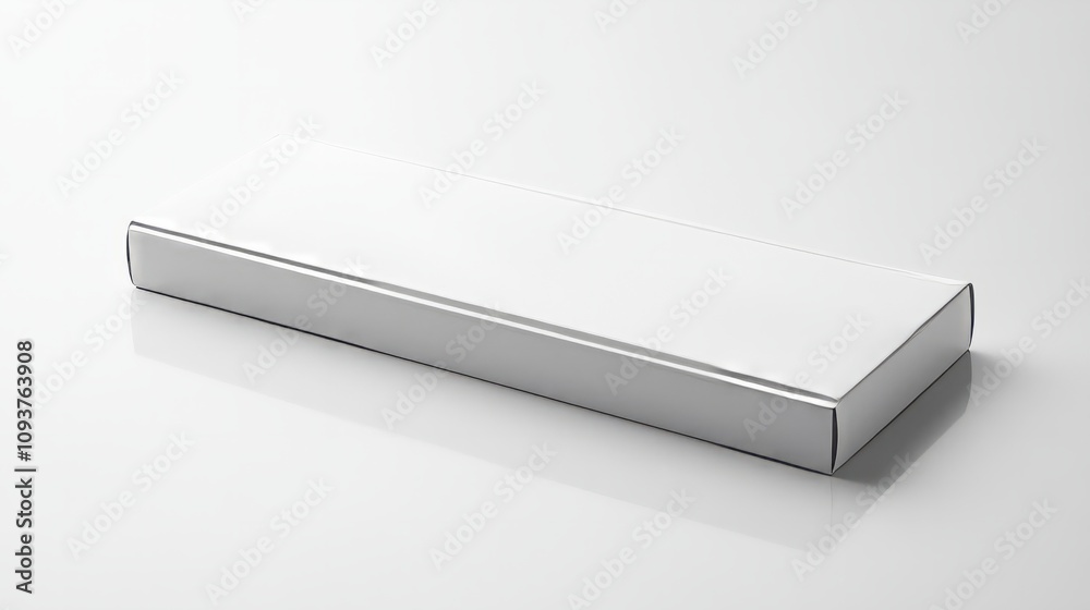 A thin, sleek white box with a hinged lid, lying flat on a glossy white surface A thin, sleek white box with a hinged lid, lying flat on a glossy white surface