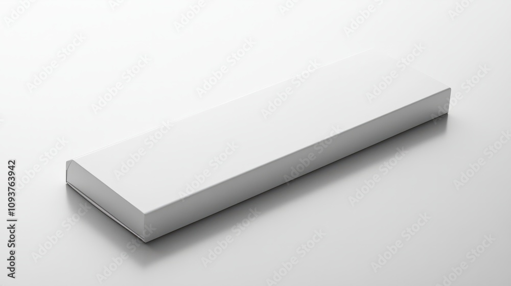 A thin, sleek white box with a hinged lid, lying flat on a glossy white surface A thin, sleek white box with a hinged lid, lying flat on a glossy white surface