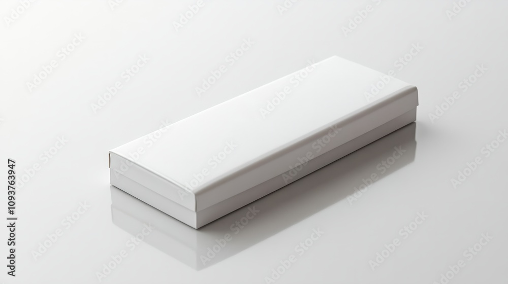 A thin, sleek white box with a hinged lid, lying flat on a glossy white surface A thin, sleek white box with a hinged lid, lying flat on a glossy white surface