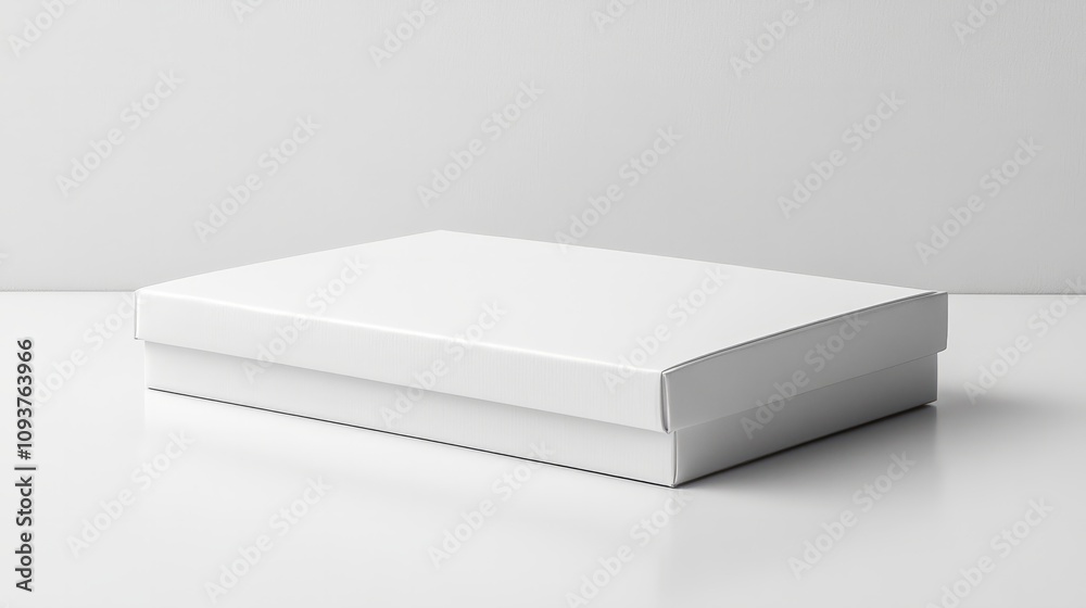 A thin, sleek white box with a hinged lid, lying flat on a glossy white surface A thin, sleek white box with a hinged lid, lying flat on a glossy white surface