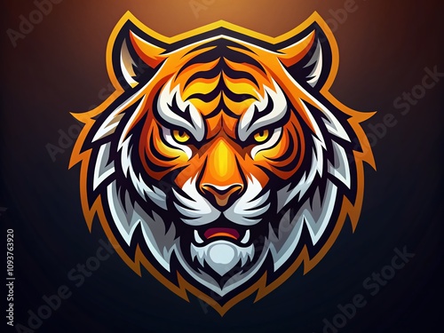 Aerial view of a fierce tiger head mascot logo design for esports, showcasing vibrant colors and dynamic lines, ideal for team branding and competitive gaming visuals. photo