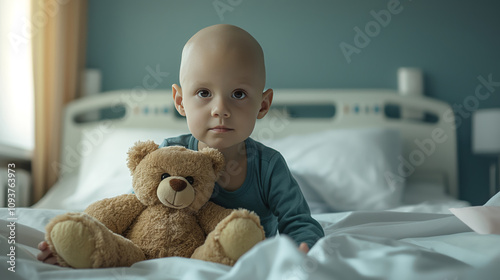 Little bald child holding a teddy bear, smiling. Small patient with oncology in a hospital. A little boy with cancer, after chemotherapy.