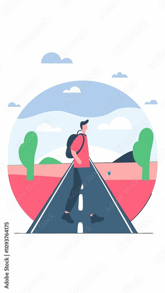 Fototapeta premium Illustration of a traveler walking on a road with scenic landscape and clear sky
