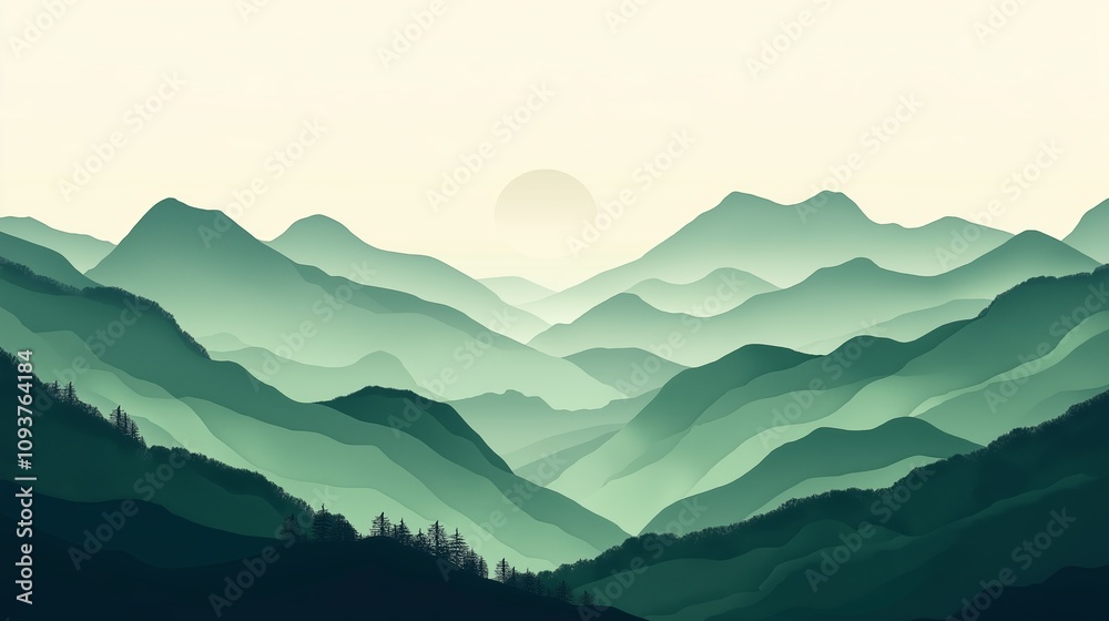 Fototapeta premium Serene green landscape featuring layers of mountains at sunrise with a soft, peaceful atmosphere and minimalist design