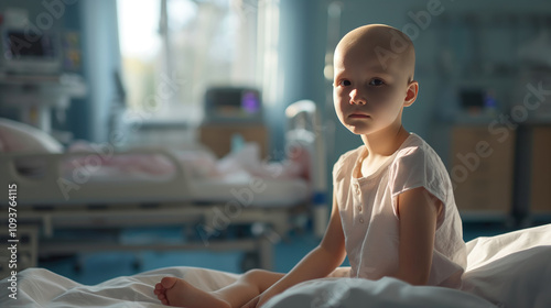 Wallpaper Mural Little bald girl with cancer sitting on a hospital bed. Small patient with oncology in a hospital. Child after chemotherapy. Torontodigital.ca