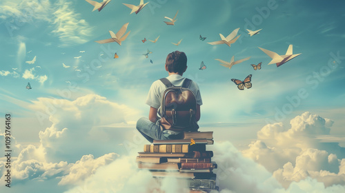 A schoolboy immersed in reading a book sits on a stack of books above the clouds. Butterflies are flying around.