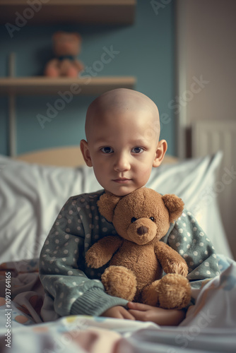 Little bald child holding a teddy bear. Small patient with oncology in a hospital. A little boy with cancer, after chemotherapy.