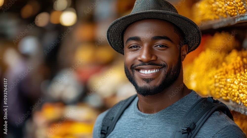 Smiling man in straw hat with backpack enjoying vibrant outdoor market, standing among fresh produce and sunny atmosphere, travel exploration, cultural experience, local shopping