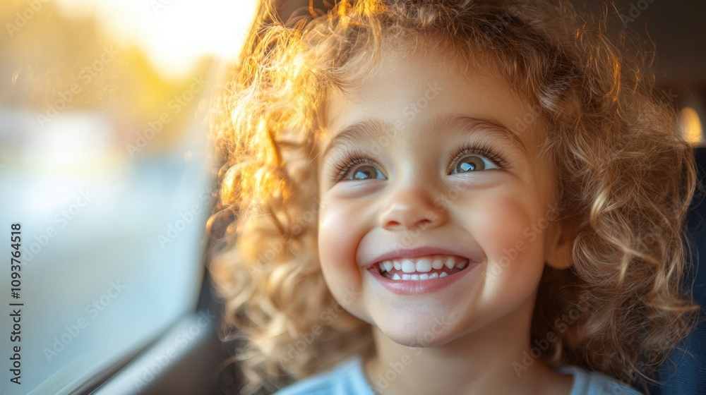 Smiling girl with curly blonde hair enjoying sunlight inside car, golden glow on face, joyful childhood moment, carefree road trip, warm golden hour lighting Smiling girl with curly blonde hair enjoying sunlight inside car, golden glow on face, joyful childhood moment, carefree road trip, warm golden hour lighting