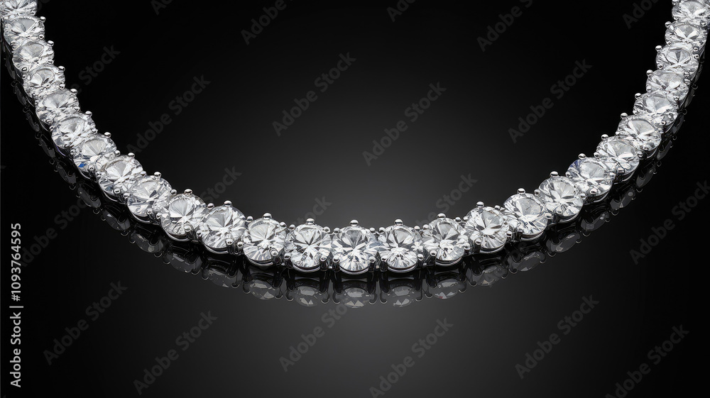 A long chain of diamonds is shown in a black background. The diamonds are all the same size and are set in a gold band. The necklace is very elegant and sophisticated A long chain of diamonds is shown in a black background. The diamonds are all the same size and are set in a gold band. The necklace is very elegant and sophisticated