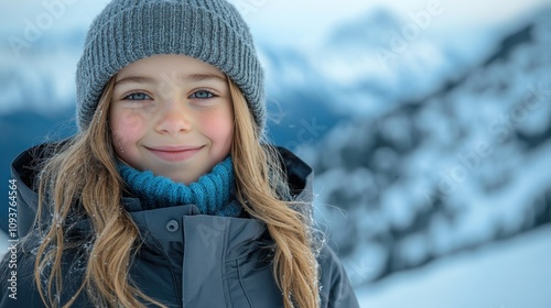 Cheerful girl wearing yellow jacket and gray beanie, smiling in snowy outdoor mountain setting, enjoying winter day, adventure, fun, cold weather, nature exploration