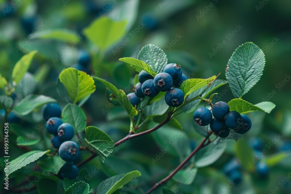 Close up of blueberries growing on a branch in the forest, surrounded by lush green leaves Close up of blueberries growing on a branch in the forest, surrounded by lush green leaves