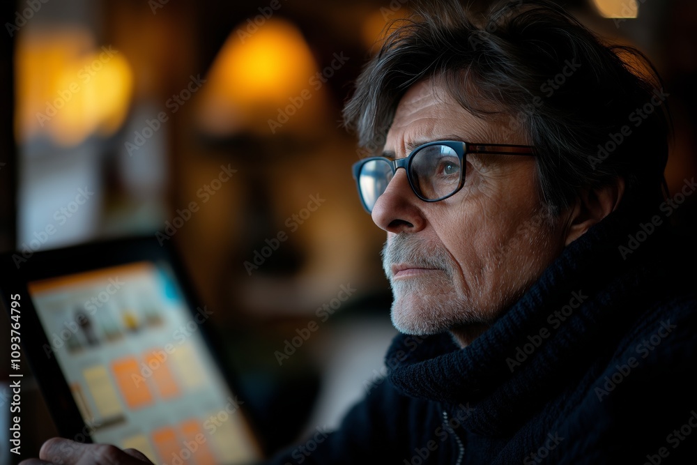Thoughtful man wearing glasses, gazing intently at computer screen, appears deep in contemplation, interior setting with warm ambient lighting Thoughtful man wearing glasses, gazing intently at computer screen, appears deep in contemplation, interior setting with warm ambient lighting
