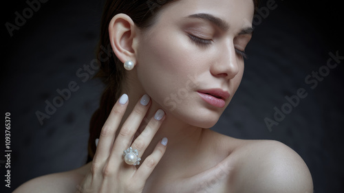 A woman with a pearl ring on her left hand and a pearl earring on her right ear. photo