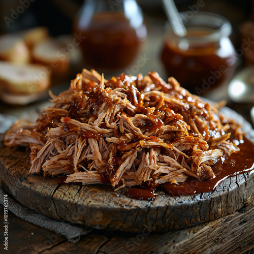 juicy pulled pork shredded and coated in smoky barbecue sauce on wooden platter