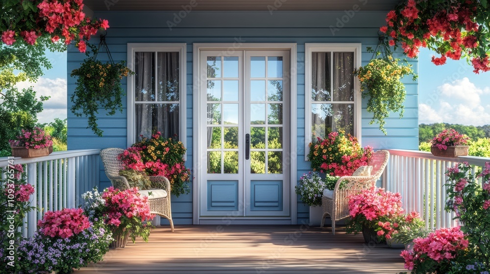 Naklejka premium Cozy porch with vibrant colorful flowers in pots, inviting seating, brick walls, sunny garden view, peaceful relaxation, countryside ambiance, blooming nature, home décor inspiration