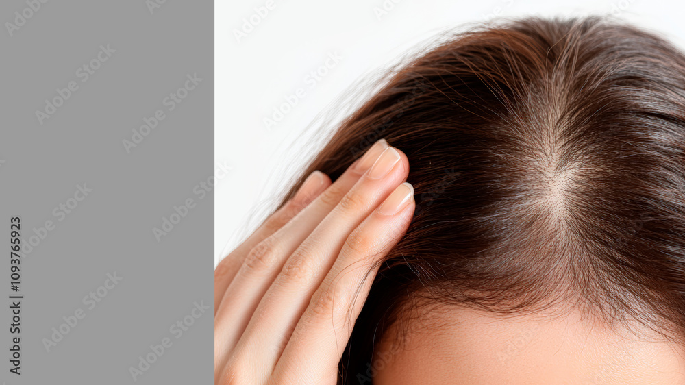 A woman gently touches her scalp, inspecting for hair loss. The close-up highlights her fingers on her hairline, focusing on areas of thinning A woman gently touches her scalp, inspecting for hair loss. The close-up highlights her fingers on her hairline, focusing on areas of thinning
