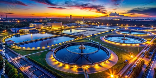 Aerial View of an Industrial Wastewater Treatment Plant Pool at Dusk, Illuminated by Soft Lights, Highlighting Water Purification Processes and Environmental Management Strategies