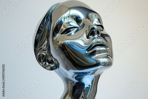 Futuristic metallic sculpture of female face with reflective surface