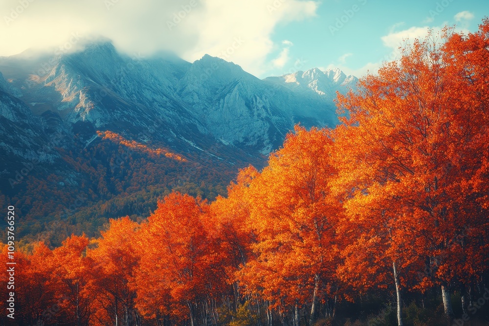Vibrant autumn landscape with orange trees and majestic mountains. Vibrant autumn landscape with orange trees and majestic mountains.