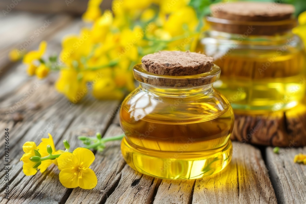 Two glass bottles filled with rapeseed oil are sitting on a rustic wooden surface surrounded by bright yellow rapeseed flowers Two glass bottles filled with rapeseed oil are sitting on a rustic wooden surface surrounded by bright yellow rapeseed flowers
