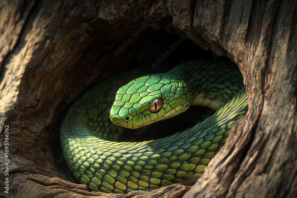 Vibrant green snake coiled in tree hollow in natural habitat Vibrant green snake coiled in tree hollow in natural habitat
