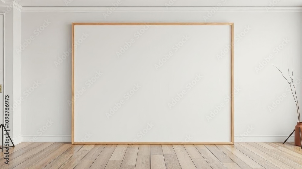A mockup of a frame on a wooden floor with space for artwork or text, interior, background, creative A mockup of a frame on a wooden floor with space for artwork or text, interior, background, creative