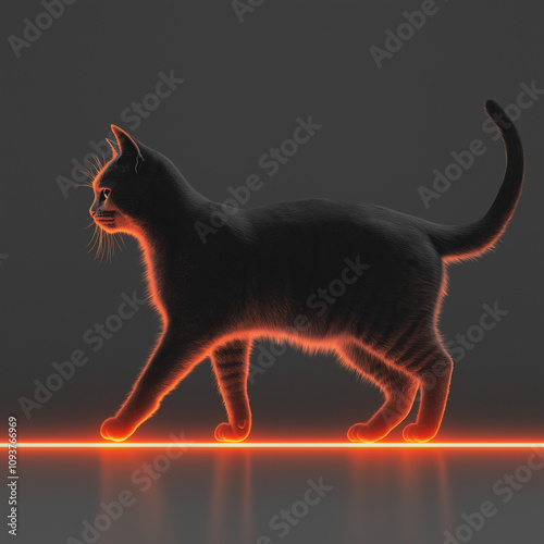 playful yet elegant composition showing a sleek cat walking a runway, its fur subtly glowing with AI-inspired designs photo